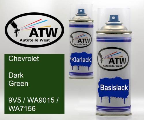 Chevrolet, Dark Green, 9V5 / WA9015 / WA7156: 400ml Sprühdose + 400ml Klarlack - Set, von ATW Autoteile West.